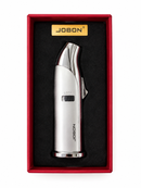 A silver metallic Jobon lighter presented inside an open red gift box with a black interior and a gold Jobon logo plaque at the top.