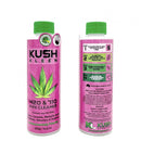 A 325g bottle of Kush Kleen Pipe Cleaner in pink color, designed for cleaning bongs and pipes, with labeling that includes a green and white design and information about the product being gentle on materials.