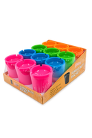 A retail display box containing twelve colorful jumbo butt buckets in assorted bright colors including pink, blue, green, orange, and black, packaged in a cardboard tray on a white background.