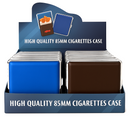 Display of high quality 85mm cigarettes cases in blue and brown packaging.