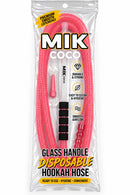 Mik Coco disposable hookah hose in its clear plastic retail packaging, featuring a bright pink coiled hose, glass handle, and accessories with printed product details.