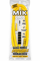 Mik Coco disposable hookah hose in its clear plastic retail packaging, featuring a bright yellow coiled hose, glass handle, and black mouthpiece with yellow accents.
