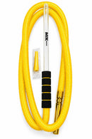 A yellow coiled flexible hose with a clear glass mouthpiece labeled 'MIK cool', black foam grip sections, and a gold metal connector, shown on a white background with a small yellow accessory in a clear plastic bag.