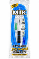 Mik Coco disposable hookah hose in its retail packaging, featuring a bright blue coiled hose, a black glass handle, and accessories on a white background.
