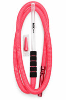 A pink coiled hookah hose with a clear mouthpiece, black foam grip sections, a red metal connector, and a small pink mouthpiece accessory in a clear plastic bag. The brand name 'MIK COCO' is printed on the clear tube.