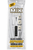 Mik Coco disposable hookah hose glass handle package, containing a clear flexible hose with black and silver fittings, sealed in a clear plastic bag with printed product details.