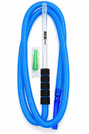 A blue coiled flexible hose with a clear mouthpiece, black foam grip sections, and a small green accessory in a clear plastic bag, shown on a white background. The mouthpiece is printed with the text 'MIK COCO'.