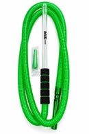 A bright green coiled flexible MIK COCO hose with a clear tube section, black foam grip sections, and a green metal connector, shown on a white background. A small plastic bag with a green cone-shaped accessory is placed beside it.