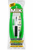 Mik Coco disposable hookah hose in its clear plastic retail packaging, featuring a bright green coiled hose, a black and green glass handle, and a white mouthpiece with bold product branding.
