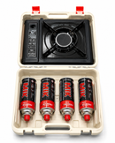 A compact portable camping gas stove set in a beige hard plastic case, featuring a black single-burner stove on the top half and four refillable MIK premium gas canisters on the bottom half, shown against a solid white background.