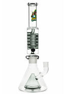 Clear glass water pipe with a logo on a white background