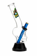Glass bong with blue accent and colorful logo on a white background