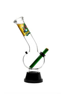 Glass bong with a green bottle inside on a white background