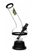 Glass bong with spiral design and black base on a white background