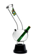 Glass water pipe with a green bottle inside on a white background