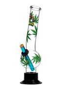 Glass bong with cannabis leaf designs on a white background