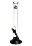 Glass smoking device with a logo on a white background
