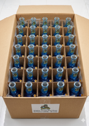 Box of blue glass bottles with a visible brand label on a white background