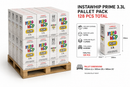 A pallet stacked with Instawhip Prime 3.3L boxes, shown alongside product information graphics including dimensions, quantity, and pallet measurements on a white background.