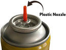 Spray can with plastic nozzle labeled on a white background