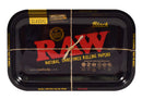 A black RAW rolling tray wrapped with a string across the center, featuring the red RAW logo and yellow text on a white background.
