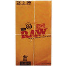 A RAW King Size Classic cone pack of unrefined rolling papers, featuring a brown kraft-paper style sleeve with red RAW branding and white string wrapped around it.