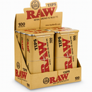Display of Raw brand rolling paper tips packaging on a white background