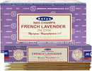 Two boxes of Satya French Lavender incense sticks with several sticks pulled and arranged in front, on a plain white background.