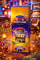Satya Good Fortune Incense Sticks packaging with slot machine design on a casino-themed background