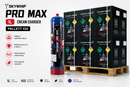 A 1L cream charger canister for Skywhip Pro Max palletized storage, shown alongside multiple black pallet boxes stacked on wooden pallets. The image includes product specifications and feature icons on a white background.