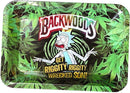 Backwoods rolling tray with cartoon character and marijuana leaf design
